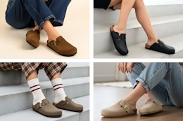 4 lifestyle images of Cushionaire Women's Clogs in 4 colors