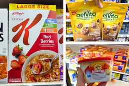 dollar general belvita, special k, borden 3-photo collage