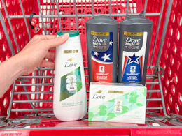 4 dove fifa body products sitting together in a target cart