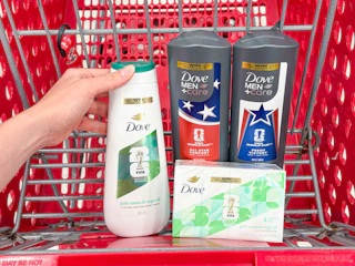 4 dove fifa body products sitting together in a target cart