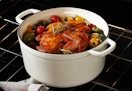 white dutch oven in an oven