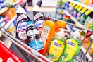 lysol toilet cleaner, gillette foamy, garnier shampoo, and softsoap hand soap in a cart