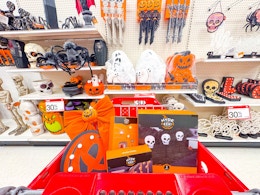 target cart parked in front of halloween lights