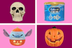 collage image of a halloween squishmallow, halloween decor, and baby formula