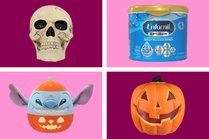 collage image of a halloween squishmallow, halloween decor, and baby formula