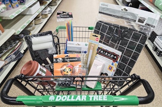 10 items in a dollar tree cart including storage, a painting kit, fall cup, cable ties and more
