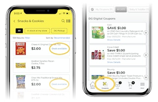 phone screen shows food items with deals available written next to them and coupons icon circled