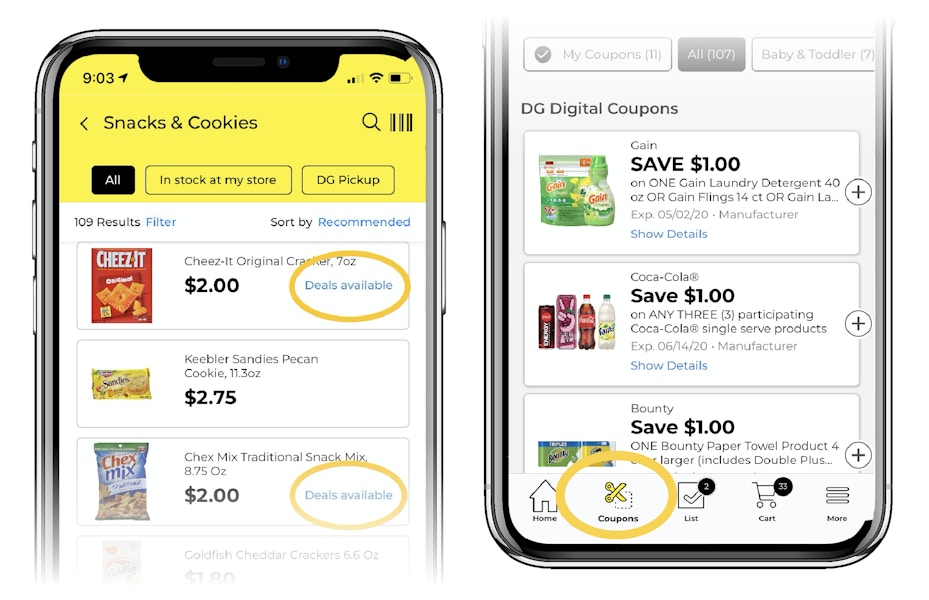 phone screen shows food items with deals available written next to them and coupons icon circled