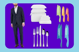 a collage of flatware, knife sets, a suit and more