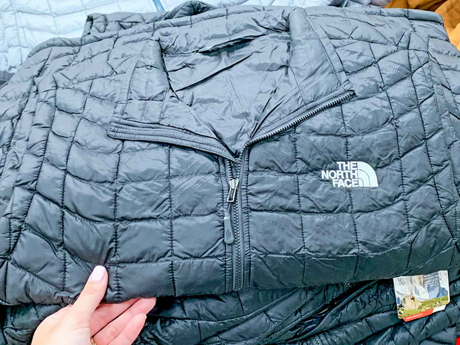 a person holding up a black the north face jacket