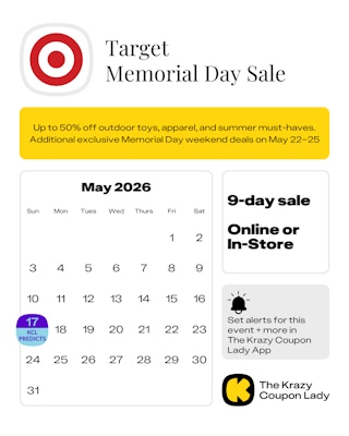 Calendar graphic of Target Memorial Day Sale predicted to start on May 27 2026
