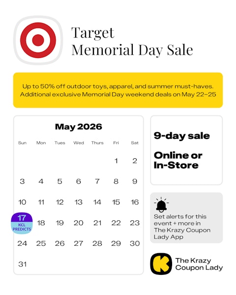 Calendar graphic of Target Memorial Day Sale predicted to start on May 27 2026