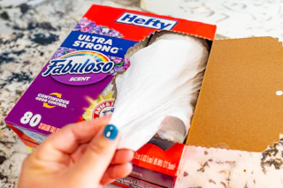 Hefty trash bags on counter