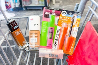 covergirl and maybelline foundation and mascaras in a cart