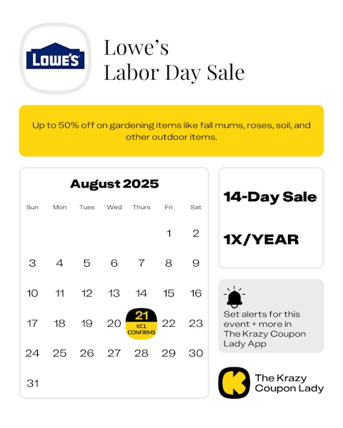 Calendar graphic of Lowe's Labor Day Sale that starts on Aug 21 2025