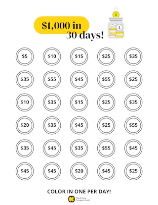 a printout for saving $1000 over 30 days