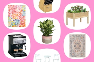 rugs, plants, espresso machine, patio furniture, garden bed