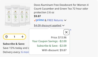 Dove deodorant Amazon receipt