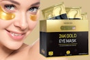 Woman wearing a 24k Gold Under Eye Patch next to the 50 Pairs package.