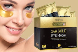 Woman wearing a 24k Gold Under Eye Patch next to the 50 Pairs package.