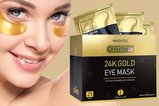 Woman wearing a 24k Gold Under Eye Patch next to the 50 Pairs package.