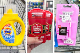 collage image of tide simply, old spice deodorant, and walgreens razors