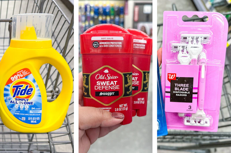 collage image of tide simply, old spice deodorant, and walgreens razors