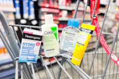 neutrogena moisturizer, sunscreen, cerave cleanser, and garnier micellar water minis in a cart