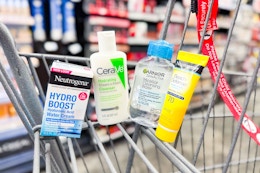 neutrogena moisturizer, sunscreen, cerave cleanser, and garnier micellar water minis in a cart