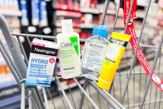 neutrogena moisturizer, sunscreen, cerave cleanser, and garnier micellar water minis in a cart
