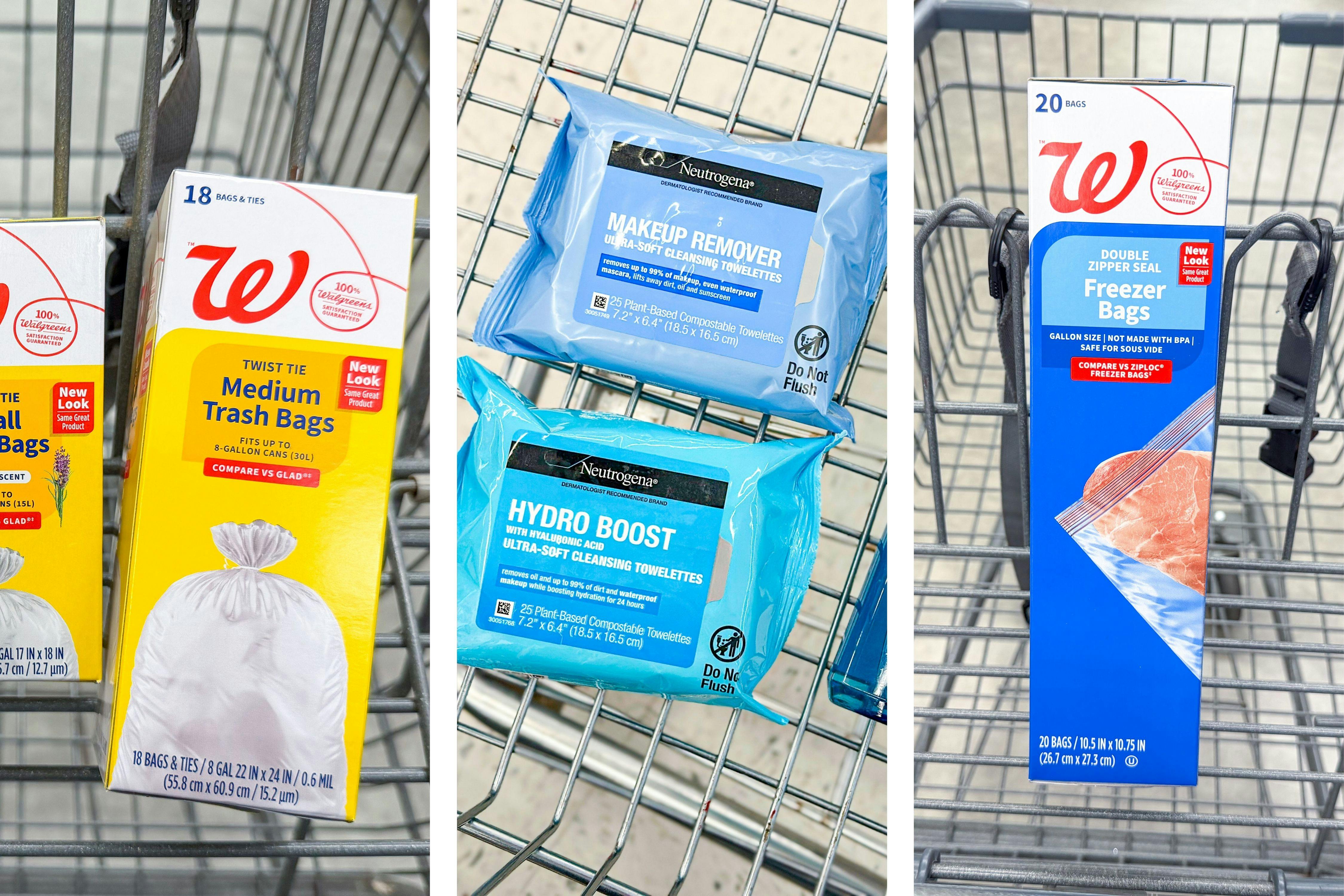 collage image of walgreens trash bags, neutrogena makeup wipes, and walgreens food storage bags
