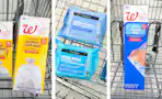 collage image of walgreens trash bags, neutrogena makeup wipes, and walgreens food storage bags