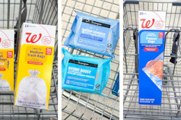 collage image of walgreens trash bags, neutrogena makeup wipes, and walgreens food storage bags