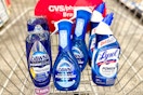 dawn powerwash and powersuds dish soaps and lysol toilet bowl cleaner in a cart