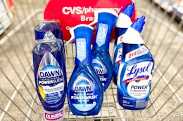 dawn powerwash and powersuds dish soaps and lysol toilet bowl cleaner in a cart