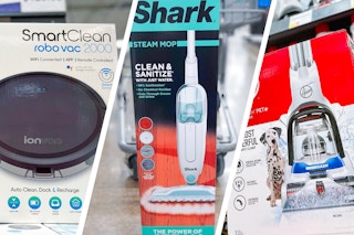 IonVac robot vacuum, Shark steam mop, and Hoover PowerDash carpet cleaner in a collage