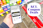 hand holding a smartphone displaying a KCL Coupon barcode