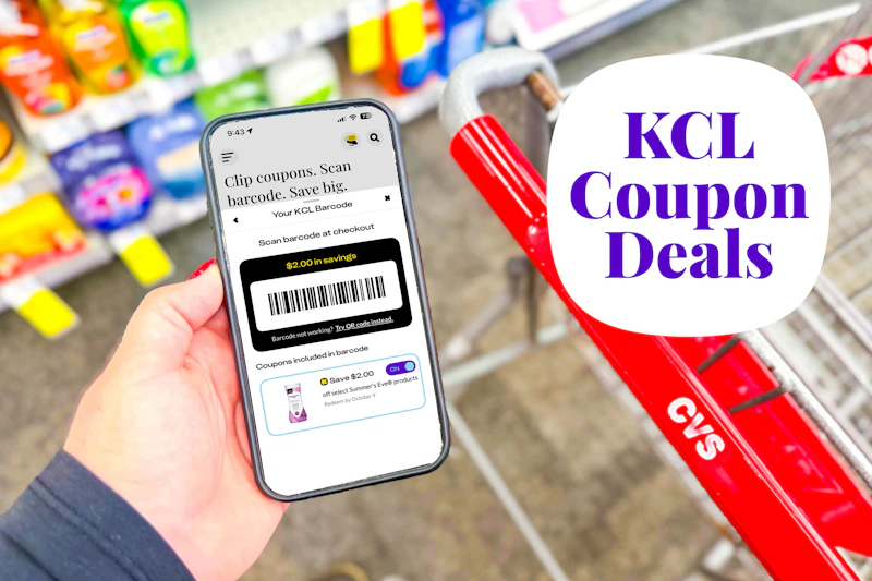 hand holding a smartphone displaying a KCL Coupon barcode