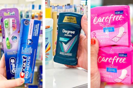 collage image of crest and oral-b oral care, degree deodorant, and carefree panty liners
