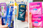 collage image of crest and oral-b oral care, degree deodorant, and carefree panty liners
