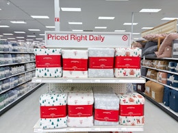 holiday sheet sets sitting on a target shelf