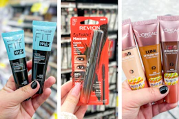 collage image of maybelline primer, revlon mascara, and loreal lumi foundation