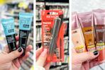 collage image of maybelline primer, revlon mascara, and loreal lumi foundation