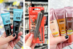 collage image of maybelline primer, revlon mascara, and loreal lumi foundation