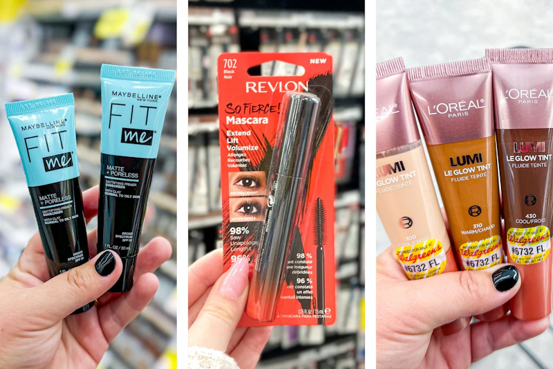 collage image of maybelline primer, revlon mascara, and loreal lumi foundation