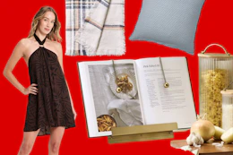 Women's dress, throw blanket, cookbook holder & pillow