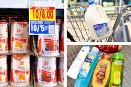 yogurt on sale 10 for $8, a gallon of milk in a cart, and various shampoo brands in a cart