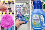 collage with a loofah, snuggle fabric softener, and oral care items