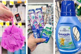 collage with a loofah, snuggle fabric softener, and oral care items