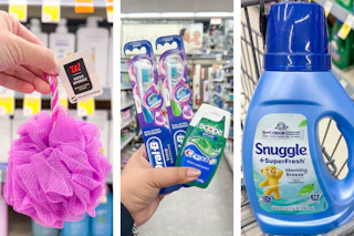 collage with a loofah, snuggle fabric softener, and oral care items